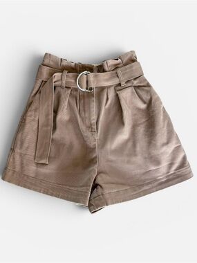 Maje Paperbag Waist Belted Shorts Beige High Rise Pleated Size 36 US 4